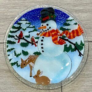 Art Fused Glass Christmas Snowman & Friends Plate - 11" - Handmade